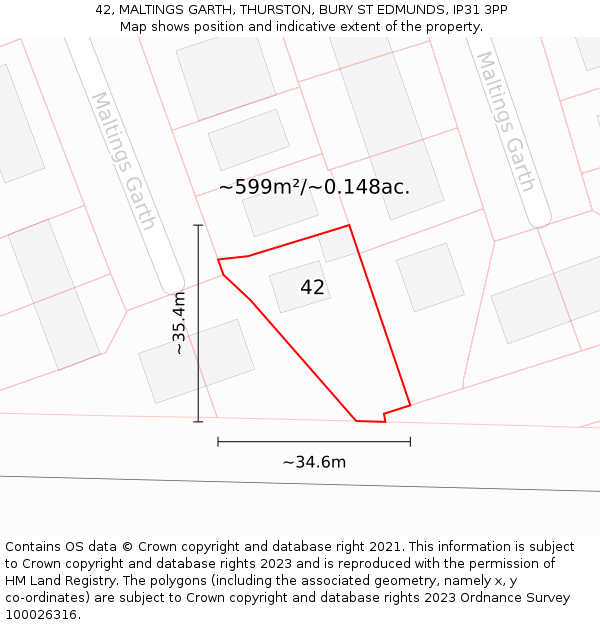 42, MALTINGS GARTH, THURSTON, BURY ST EDMUNDS, IP31 3PP: Plot and title map