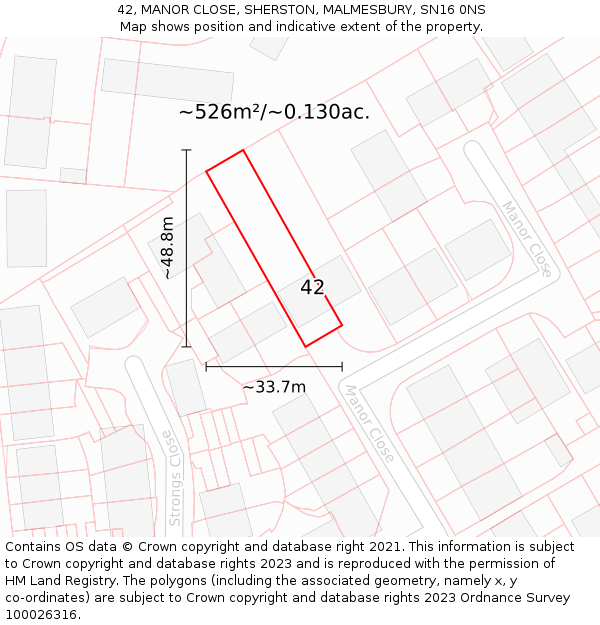 42, MANOR CLOSE, SHERSTON, MALMESBURY, SN16 0NS: Plot and title map