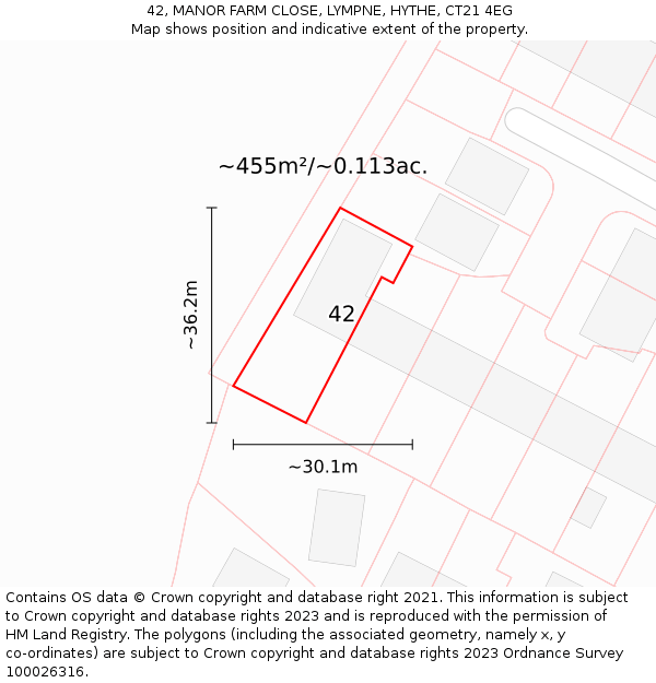 42, MANOR FARM CLOSE, LYMPNE, HYTHE, CT21 4EG: Plot and title map
