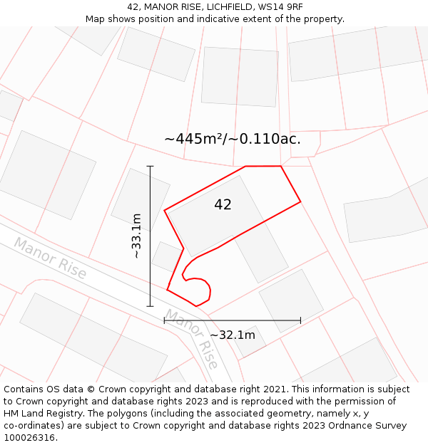 42, MANOR RISE, LICHFIELD, WS14 9RF: Plot and title map