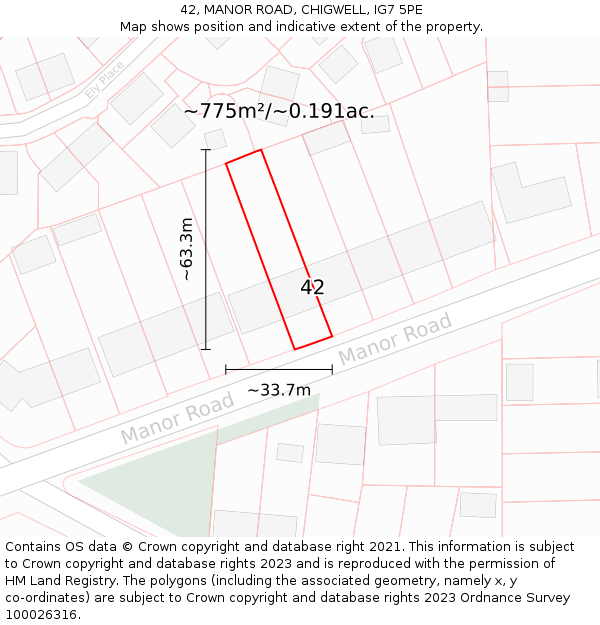 42, MANOR ROAD, CHIGWELL, IG7 5PE: Plot and title map