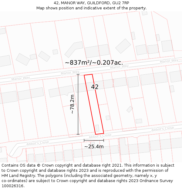 42, MANOR WAY, GUILDFORD, GU2 7RP: Plot and title map