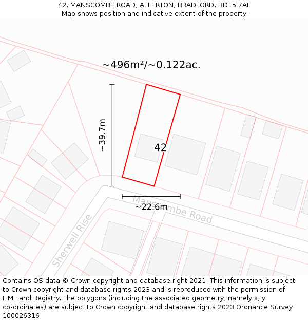 42, MANSCOMBE ROAD, ALLERTON, BRADFORD, BD15 7AE: Plot and title map