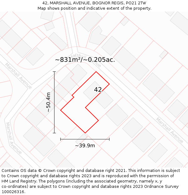 42, MARSHALL AVENUE, BOGNOR REGIS, PO21 2TW: Plot and title map