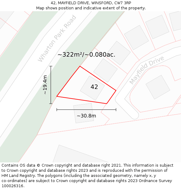 42, MAYFIELD DRIVE, WINSFORD, CW7 3RP: Plot and title map
