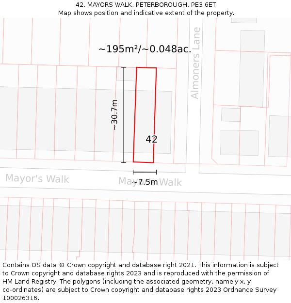 42, MAYORS WALK, PETERBOROUGH, PE3 6ET: Plot and title map