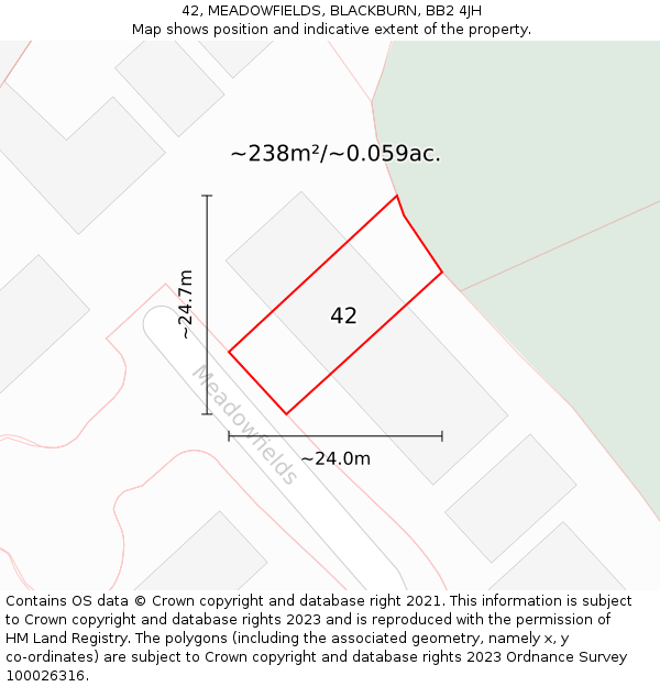 42, MEADOWFIELDS, BLACKBURN, BB2 4JH: Plot and title map