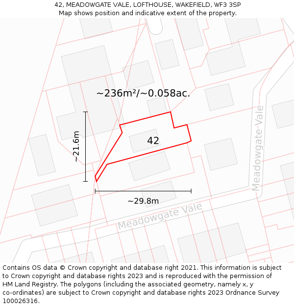 42, MEADOWGATE VALE, LOFTHOUSE, WAKEFIELD, WF3 3SP: Plot and title map