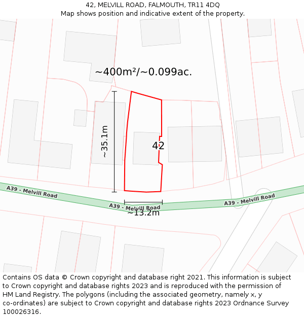 42, MELVILL ROAD, FALMOUTH, TR11 4DQ: Plot and title map