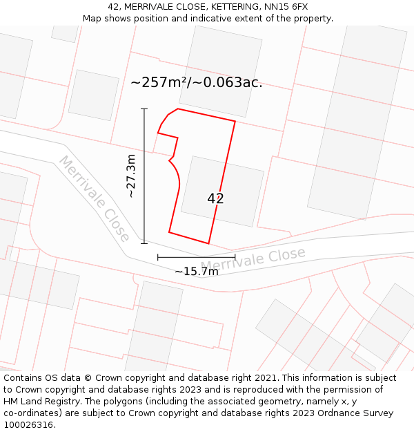 42, MERRIVALE CLOSE, KETTERING, NN15 6FX: Plot and title map