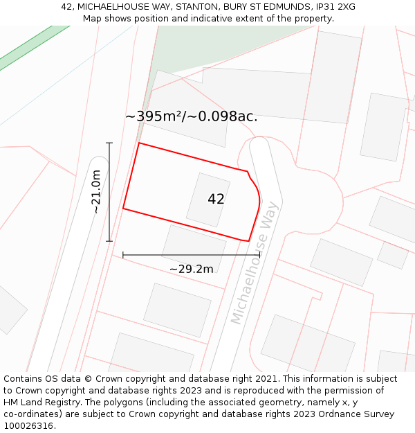 42, MICHAELHOUSE WAY, STANTON, BURY ST EDMUNDS, IP31 2XG: Plot and title map