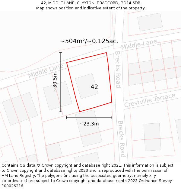 42, MIDDLE LANE, CLAYTON, BRADFORD, BD14 6DR: Plot and title map