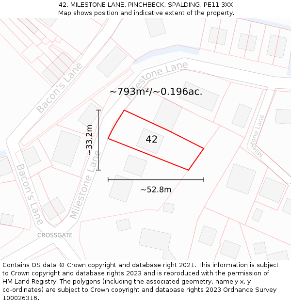 42, MILESTONE LANE, PINCHBECK, SPALDING, PE11 3XX: Plot and title map