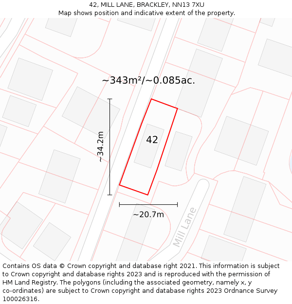 42, MILL LANE, BRACKLEY, NN13 7XU: Plot and title map