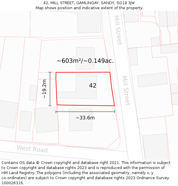 42, MILL STREET, GAMLINGAY, SANDY, SG19 3JW: Plot and title map