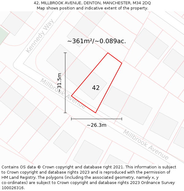 42, MILLBROOK AVENUE, DENTON, MANCHESTER, M34 2DQ: Plot and title map