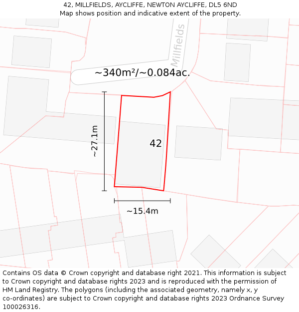 42, MILLFIELDS, AYCLIFFE, NEWTON AYCLIFFE, DL5 6ND: Plot and title map