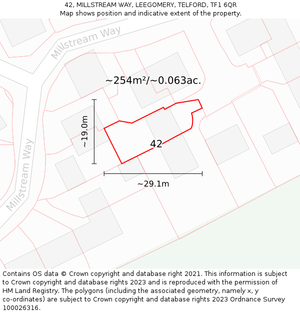 42, MILLSTREAM WAY, LEEGOMERY, TELFORD, TF1 6QR: Plot and title map