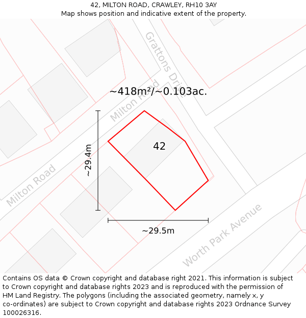 42, MILTON ROAD, CRAWLEY, RH10 3AY: Plot and title map