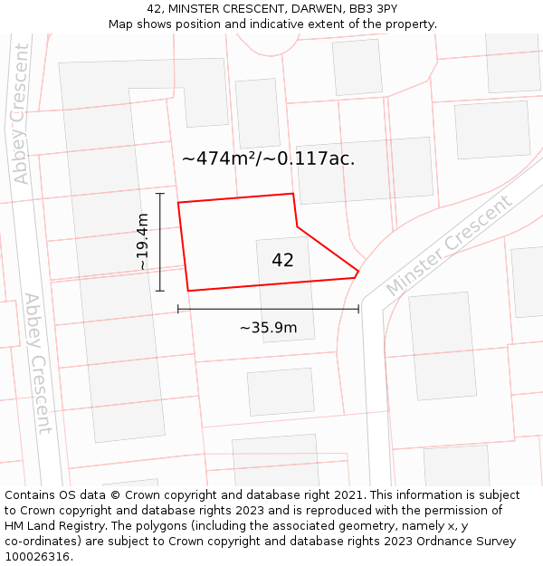 42, MINSTER CRESCENT, DARWEN, BB3 3PY: Plot and title map