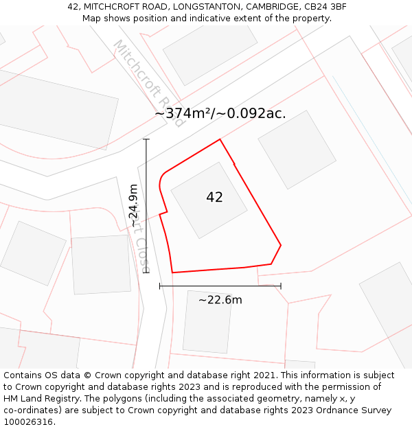 42, MITCHCROFT ROAD, LONGSTANTON, CAMBRIDGE, CB24 3BF: Plot and title map