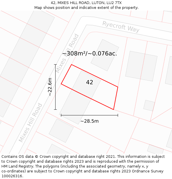 42, MIXES HILL ROAD, LUTON, LU2 7TX: Plot and title map