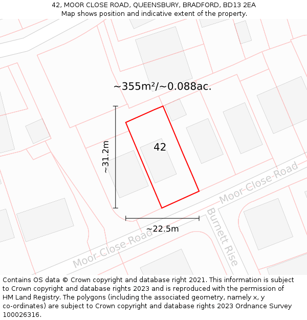 42, MOOR CLOSE ROAD, QUEENSBURY, BRADFORD, BD13 2EA: Plot and title map