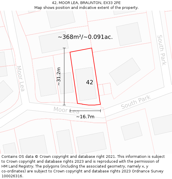 42, MOOR LEA, BRAUNTON, EX33 2PE: Plot and title map