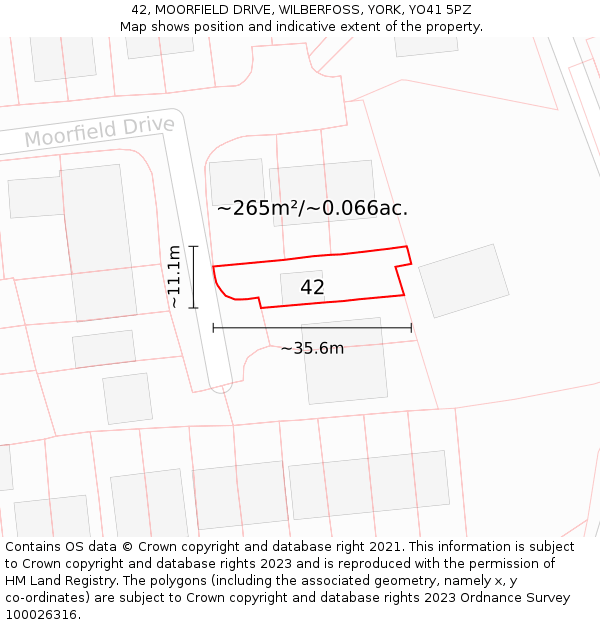 42, MOORFIELD DRIVE, WILBERFOSS, YORK, YO41 5PZ: Plot and title map