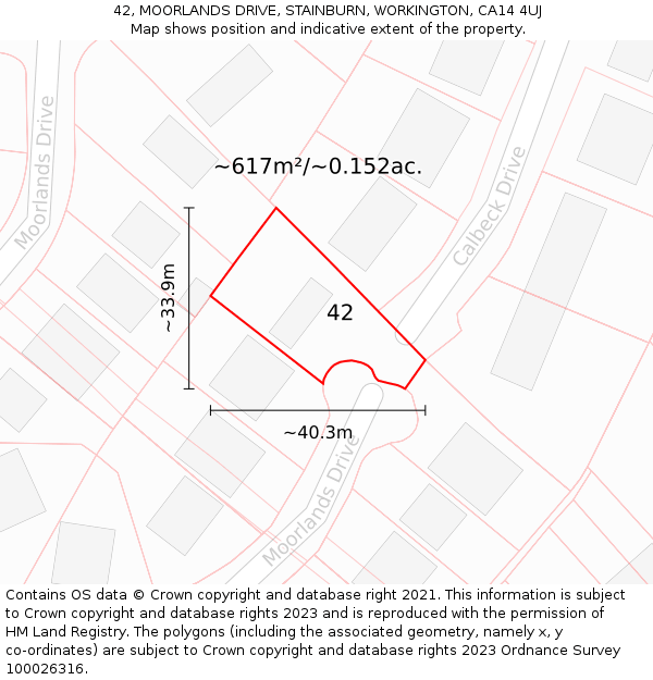 42, MOORLANDS DRIVE, STAINBURN, WORKINGTON, CA14 4UJ: Plot and title map