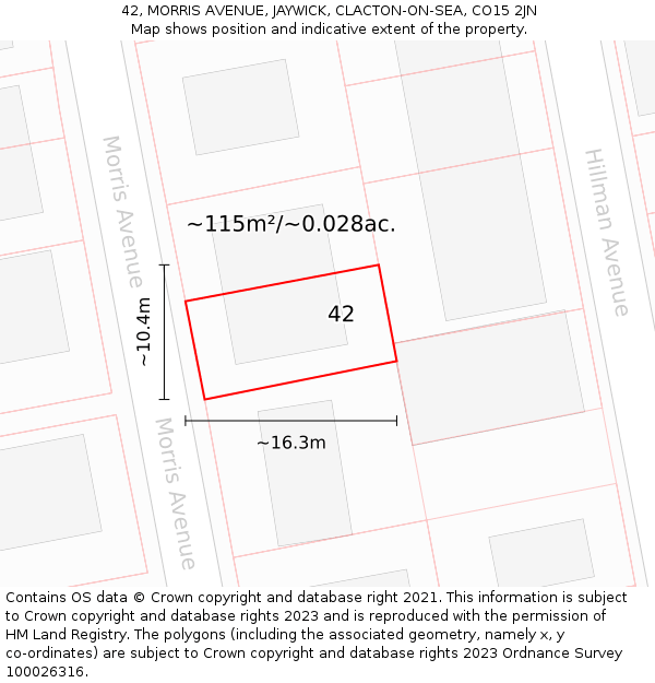 42, MORRIS AVENUE, JAYWICK, CLACTON-ON-SEA, CO15 2JN: Plot and title map