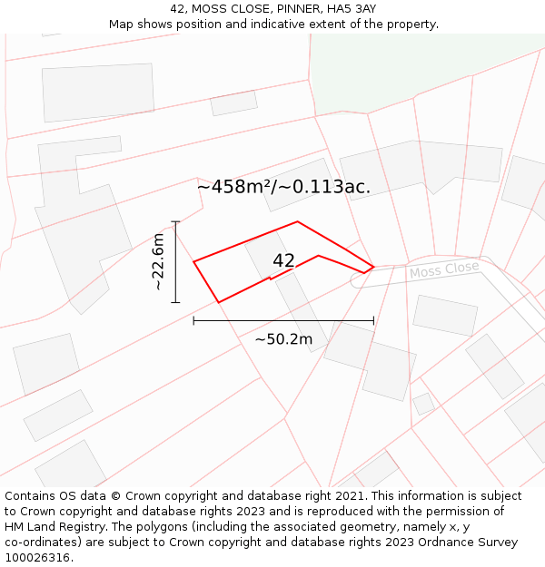 42, MOSS CLOSE, PINNER, HA5 3AY: Plot and title map