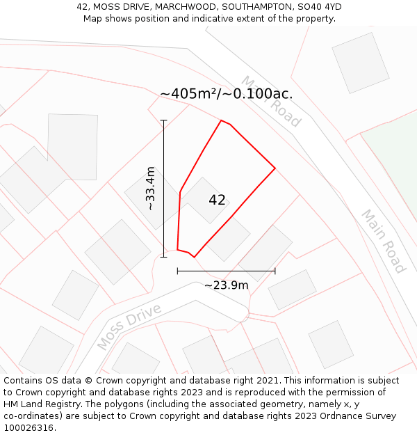 42, MOSS DRIVE, MARCHWOOD, SOUTHAMPTON, SO40 4YD: Plot and title map