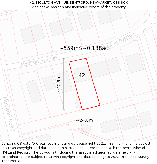 42, MOULTON AVENUE, KENTFORD, NEWMARKET, CB8 8QX: Plot and title map