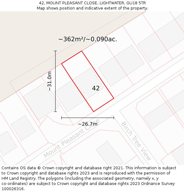42, MOUNT PLEASANT CLOSE, LIGHTWATER, GU18 5TR: Plot and title map