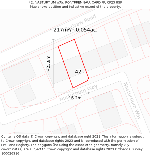 42, NASTURTIUM WAY, PONTPRENNAU, CARDIFF, CF23 8SF: Plot and title map