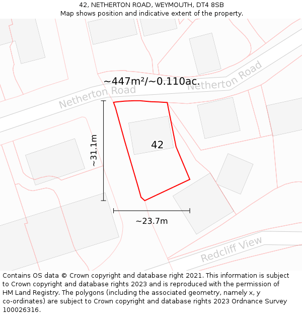 42, NETHERTON ROAD, WEYMOUTH, DT4 8SB: Plot and title map