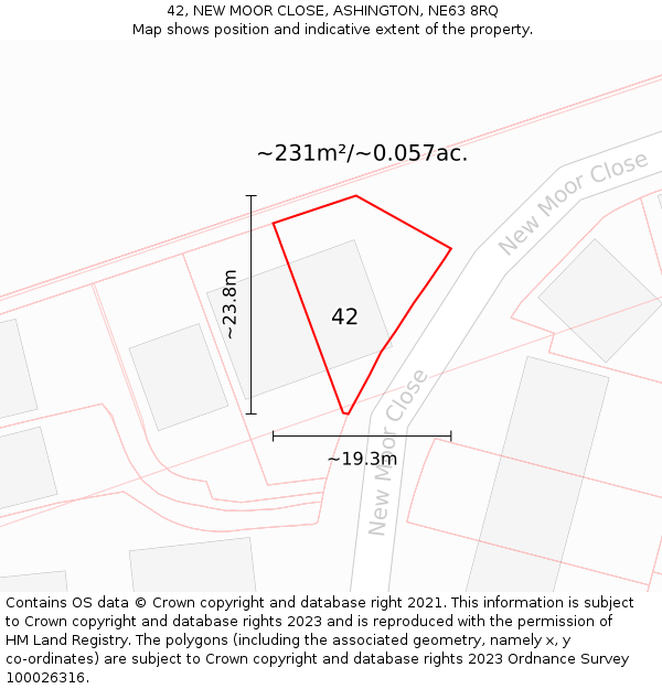 42, NEW MOOR CLOSE, ASHINGTON, NE63 8RQ: Plot and title map