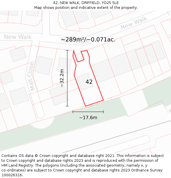 42, NEW WALK, DRIFFIELD, YO25 5LE: Plot and title map