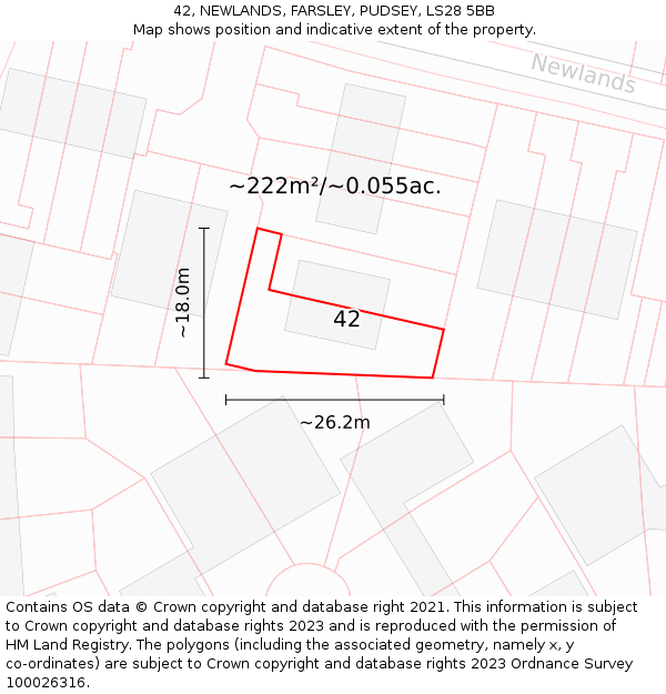 42, NEWLANDS, FARSLEY, PUDSEY, LS28 5BB: Plot and title map