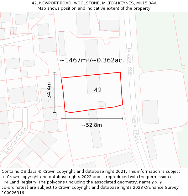 42, NEWPORT ROAD, WOOLSTONE, MILTON KEYNES, MK15 0AA: Plot and title map