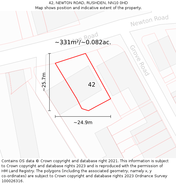 42, NEWTON ROAD, RUSHDEN, NN10 0HD: Plot and title map