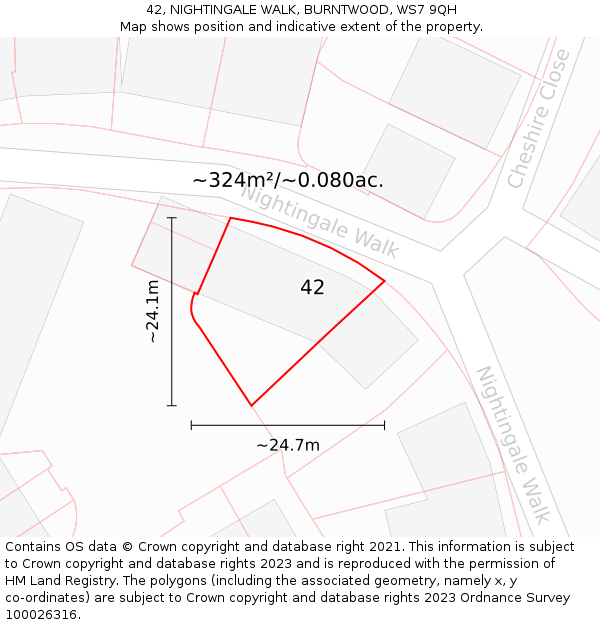 42, NIGHTINGALE WALK, BURNTWOOD, WS7 9QH: Plot and title map