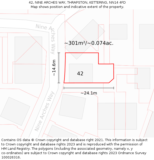 42, NINE ARCHES WAY, THRAPSTON, KETTERING, NN14 4FD: Plot and title map
