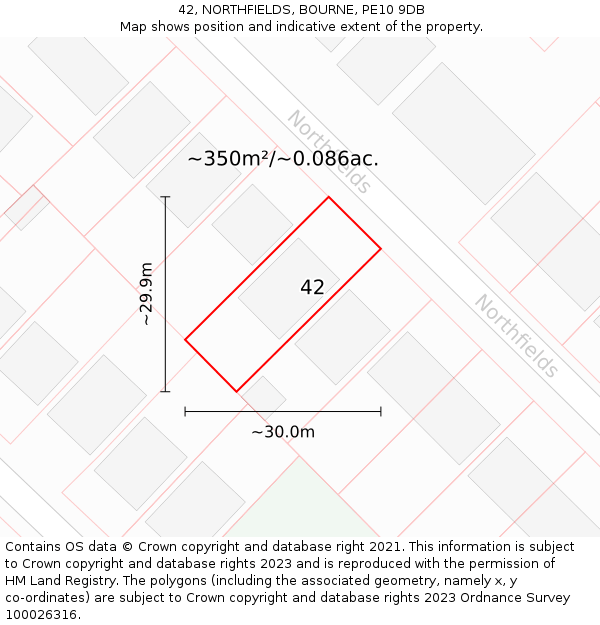 42, NORTHFIELDS, BOURNE, PE10 9DB: Plot and title map