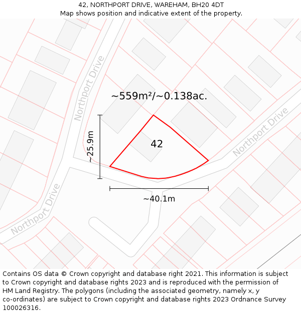 42, NORTHPORT DRIVE, WAREHAM, BH20 4DT: Plot and title map