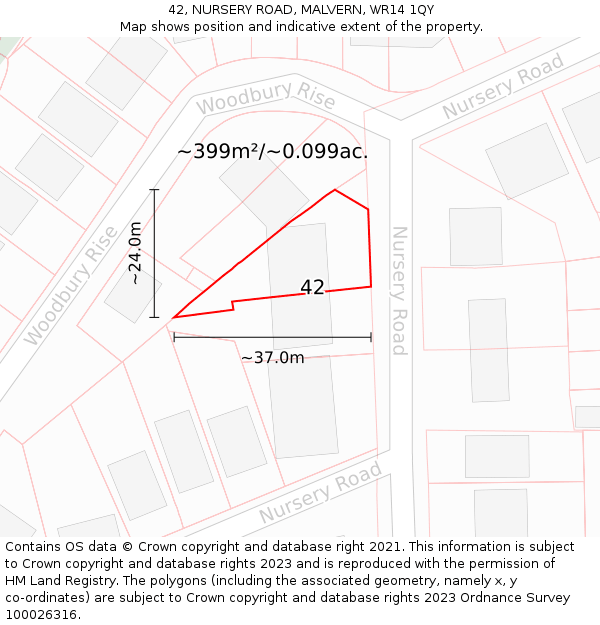 42, NURSERY ROAD, MALVERN, WR14 1QY: Plot and title map