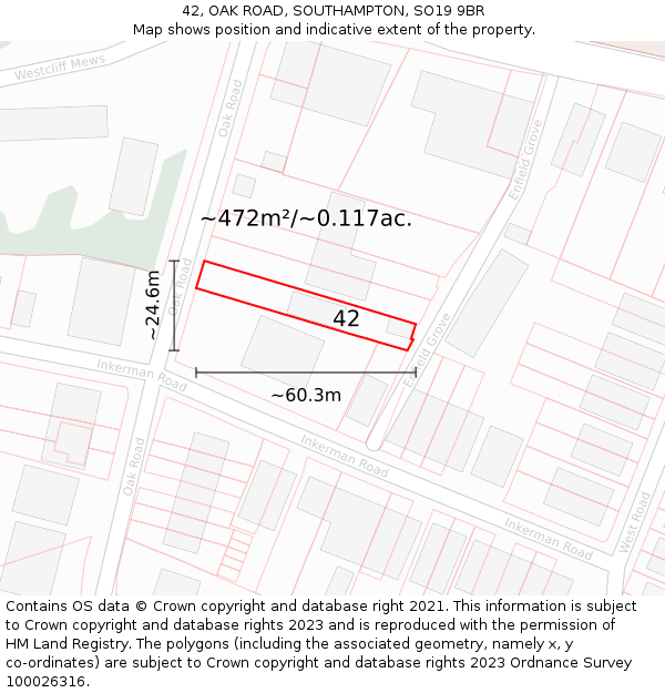 42, OAK ROAD, SOUTHAMPTON, SO19 9BR: Plot and title map