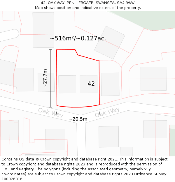 42, OAK WAY, PENLLERGAER, SWANSEA, SA4 9WW: Plot and title map