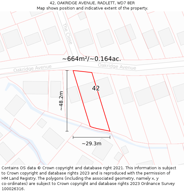 42, OAKRIDGE AVENUE, RADLETT, WD7 8ER: Plot and title map